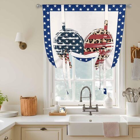 Independence Day Tie Up Curtains for Window, American Flag Star Leopard Print Heart Thermal Insulated Balloon Shade Adjustable Rod Pocket Curtains Valance Panels for Kitchen Bathroom Café 42'' x 54'' in Saudi Arabia