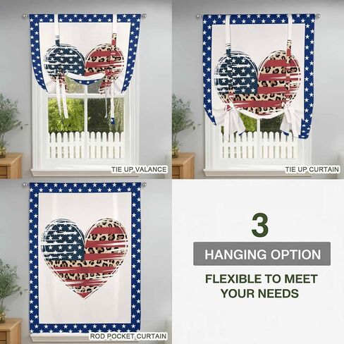 Independence Day Tie Up Curtains for Window, American Flag Star Leopard Print Heart Thermal Insulated Balloon Shade Adjustable Rod Pocket Curtains Valance Panels for Kitchen Bathroom Café 42'' x 54'' in Saudi Arabia