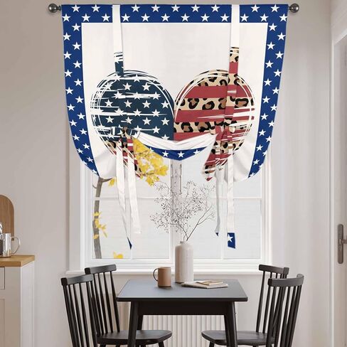 Independence Day Tie Up Curtains for Window, American Flag Star Leopard Print Heart Thermal Insulated Balloon Shade Adjustable Rod Pocket Curtains Valance Panels for Kitchen Bathroom Café 42'' x 54'' in Saudi Arabia