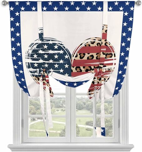 Independence Day Tie Up Curtains for Window, American Flag Star Leopard Print Heart Thermal Insulated Balloon Shade Adjustable Rod Pocket Curtains Valance Panels for Kitchen Bathroom Café 42'' x 54'' in Saudi Arabia