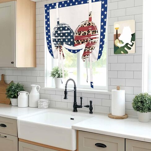 Independence Day Tie Up Curtains for Window, American Flag Star Leopard Print Heart Thermal Insulated Balloon Shade Adjustable Rod Pocket Curtains Valance Panels for Kitchen Bathroom Café 42'' x 54'' in Saudi Arabia