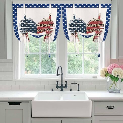 Independence Day Tie Up Curtains for Window, American Flag Star Leopard Print Heart Thermal Insulated Balloon Shade Adjustable Rod Pocket Curtains Valance Panels for Kitchen Bathroom Café 42'' x 54'' in Saudi Arabia