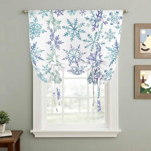 Christmas Tie Up Curtains for Window, Winter Xmas Blue Turquoise Snowflakes Pattern Thermal Insulated Balloon Shade Adjustable Rod Pocket Curtains Valance Panels for Kitchen Bathroom Café 52'' x 45'' in Saudi Arabia