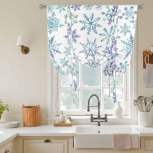 Christmas Tie Up Curtains for Window, Winter Xmas Blue Turquoise Snowflakes Pattern Thermal Insulated Balloon Shade Adjustable Rod Pocket Curtains Valance Panels for Kitchen Bathroom Café 52'' x 45'' in Saudi Arabia