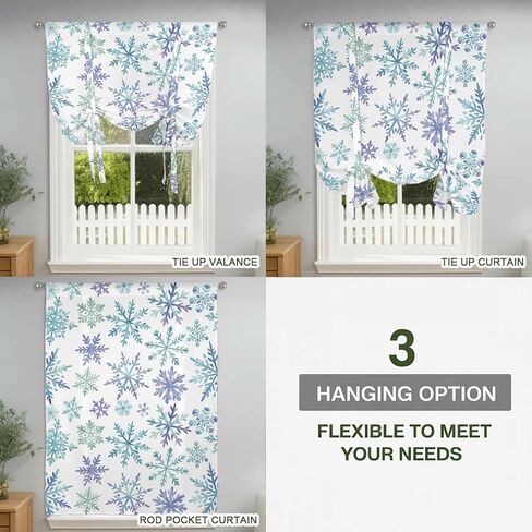 Christmas Tie Up Curtains for Window, Winter Xmas Blue Turquoise Snowflakes Pattern Thermal Insulated Balloon Shade Adjustable Rod Pocket Curtains Valance Panels for Kitchen Bathroom Café 52'' x 45'' in Saudi Arabia