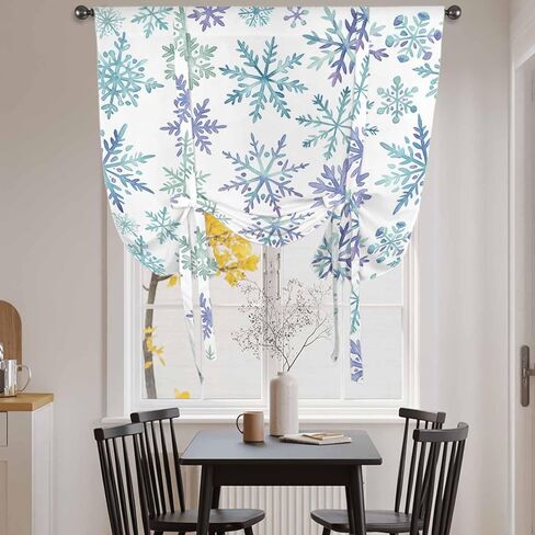 Christmas Tie Up Curtains for Window, Winter Xmas Blue Turquoise Snowflakes Pattern Thermal Insulated Balloon Shade Adjustable Rod Pocket Curtains Valance Panels for Kitchen Bathroom Café 52'' x 45'' in Saudi Arabia
