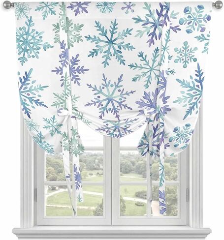 Christmas Tie Up Curtains for Window, Winter Xmas Blue Turquoise Snowflakes Pattern Thermal Insulated Balloon Shade Adjustable Rod Pocket Curtains Valance Panels for Kitchen Bathroom Café 52'' x 45'' in Saudi Arabia