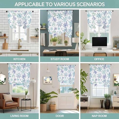 Christmas Tie Up Curtains for Window, Winter Xmas Blue Turquoise Snowflakes Pattern Thermal Insulated Balloon Shade Adjustable Rod Pocket Curtains Valance Panels for Kitchen Bathroom Café 52'' x 45'' in Saudi Arabia