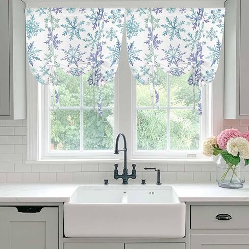 Christmas Tie Up Curtains for Window, Winter Xmas Blue Turquoise Snowflakes Pattern Thermal Insulated Balloon Shade Adjustable Rod Pocket Curtains Valance Panels for Kitchen Bathroom Café 52'' x 45'' in Saudi Arabia