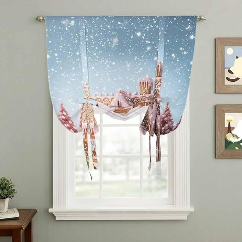 Pink Blue Christmas Tie Up Curtains for Window, Xmas Farmhouse Snowflake Tree Cute Thermal Insulated Balloon Shade Adjustable Rod Pocket Curtains Valance Panels for Kitchen Bathroom Café 42'' x 63'' in Saudi Arabia