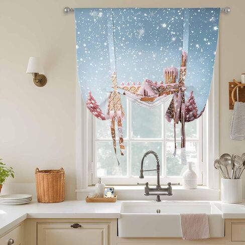 Pink Blue Christmas Tie Up Curtains for Window, Xmas Farmhouse Snowflake Tree Cute Thermal Insulated Balloon Shade Adjustable Rod Pocket Curtains Valance Panels for Kitchen Bathroom Café 42'' x 63'' in Saudi Arabia