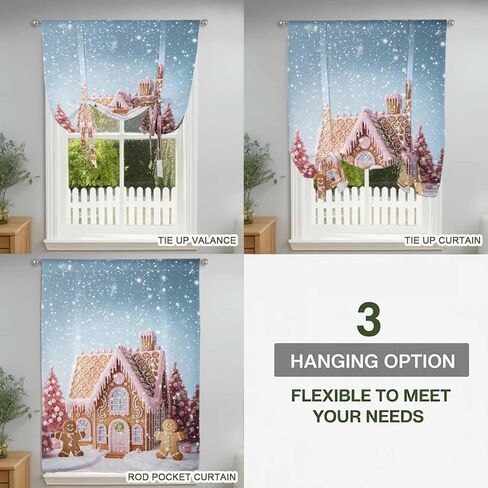 Pink Blue Christmas Tie Up Curtains for Window, Xmas Farmhouse Snowflake Tree Cute Thermal Insulated Balloon Shade Adjustable Rod Pocket Curtains Valance Panels for Kitchen Bathroom Café 42'' x 63'' in Saudi Arabia
