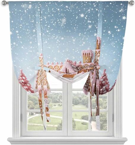 Pink Blue Christmas Tie Up Curtains for Window, Xmas Farmhouse Snowflake Tree Cute Thermal Insulated Balloon Shade Adjustable Rod Pocket Curtains Valance Panels for Kitchen Bathroom Café 42'' x 63'' in Saudi Arabia