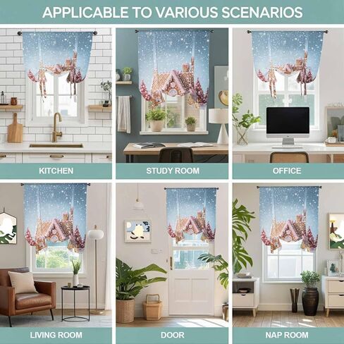 Pink Blue Christmas Tie Up Curtains for Window, Xmas Farmhouse Snowflake Tree Cute Thermal Insulated Balloon Shade Adjustable Rod Pocket Curtains Valance Panels for Kitchen Bathroom Café 42'' x 63'' in Saudi Arabia
