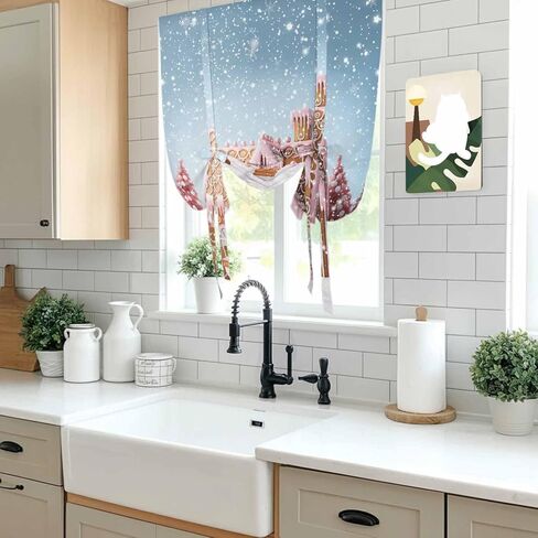 Pink Blue Christmas Tie Up Curtains for Window, Xmas Farmhouse Snowflake Tree Cute Thermal Insulated Balloon Shade Adjustable Rod Pocket Curtains Valance Panels for Kitchen Bathroom Café 42'' x 63'' in Saudi Arabia
