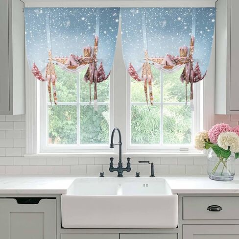 Pink Blue Christmas Tie Up Curtains for Window, Xmas Farmhouse Snowflake Tree Cute Thermal Insulated Balloon Shade Adjustable Rod Pocket Curtains Valance Panels for Kitchen Bathroom Café 42'' x 63'' in Saudi Arabia