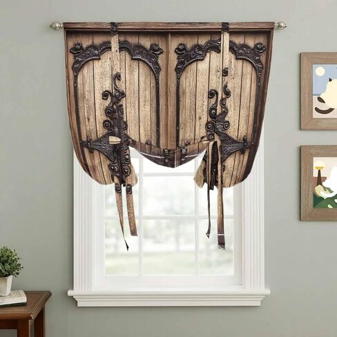 Vintage Doors Tie Up Curtains for Window, Classic Farmhouse Retro Wooden Grain Thermal Insulated Balloon Shade Adjustable Rod Pocket Curtains Valance Panels for Kitchen Bathroom Café 42'' x 63'' in Saudi Arabia