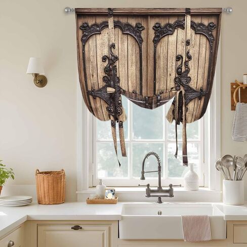 Vintage Doors Tie Up Curtains for Window, Classic Farmhouse Retro Wooden Grain Thermal Insulated Balloon Shade Adjustable Rod Pocket Curtains Valance Panels for Kitchen Bathroom Café 42'' x 63'' in Saudi Arabia