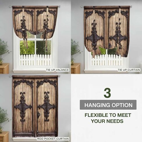 Vintage Doors Tie Up Curtains for Window, Classic Farmhouse Retro Wooden Grain Thermal Insulated Balloon Shade Adjustable Rod Pocket Curtains Valance Panels for Kitchen Bathroom Café 42'' x 63'' in Saudi Arabia