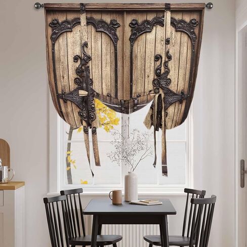 Vintage Doors Tie Up Curtains for Window, Classic Farmhouse Retro Wooden Grain Thermal Insulated Balloon Shade Adjustable Rod Pocket Curtains Valance Panels for Kitchen Bathroom Café 42'' x 63'' in Saudi Arabia