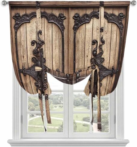 Vintage Doors Tie Up Curtains for Window, Classic Farmhouse Retro Wooden Grain Thermal Insulated Balloon Shade Adjustable Rod Pocket Curtains Valance Panels for Kitchen Bathroom Café 42'' x 63'' in Saudi Arabia