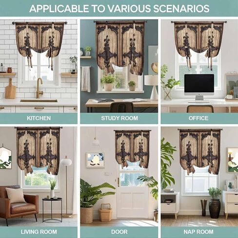 Vintage Doors Tie Up Curtains for Window, Classic Farmhouse Retro Wooden Grain Thermal Insulated Balloon Shade Adjustable Rod Pocket Curtains Valance Panels for Kitchen Bathroom Café 42'' x 63'' in Saudi Arabia