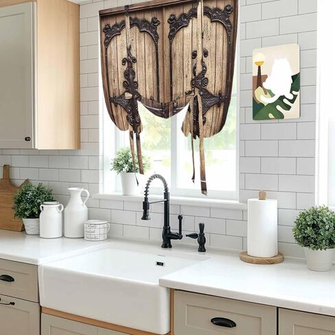 Vintage Doors Tie Up Curtains for Window, Classic Farmhouse Retro Wooden Grain Thermal Insulated Balloon Shade Adjustable Rod Pocket Curtains Valance Panels for Kitchen Bathroom Café 42'' x 63'' in Saudi Arabia
