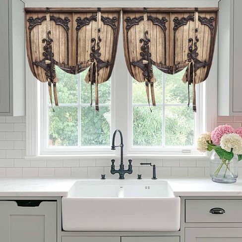 Vintage Doors Tie Up Curtains for Window, Classic Farmhouse Retro Wooden Grain Thermal Insulated Balloon Shade Adjustable Rod Pocket Curtains Valance Panels for Kitchen Bathroom Café 42'' x 63'' in Saudi Arabia