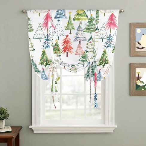 Christmas Tie Up Curtains for Window, Cartoon Xmas Tree Winter Abstract Thermal Insulated Balloon Shade Adjustable Rod Pocket Curtains Valance Panels for Kitchen Bathroom Café 42'' x 54'' in Saudi Arabia