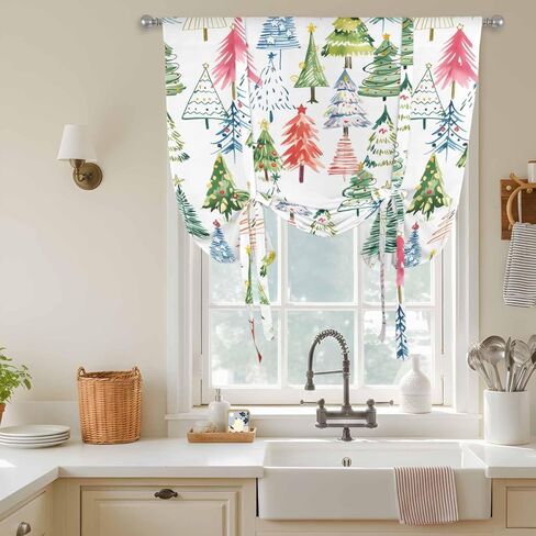 Christmas Tie Up Curtains for Window, Cartoon Xmas Tree Winter Abstract Thermal Insulated Balloon Shade Adjustable Rod Pocket Curtains Valance Panels for Kitchen Bathroom Café 42'' x 54'' in Saudi Arabia