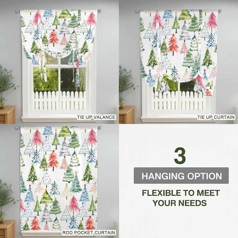 Christmas Tie Up Curtains for Window, Cartoon Xmas Tree Winter Abstract Thermal Insulated Balloon Shade Adjustable Rod Pocket Curtains Valance Panels for Kitchen Bathroom Café 42'' x 54'' in Saudi Arabia