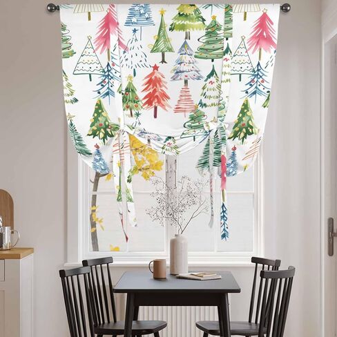 Christmas Tie Up Curtains for Window, Cartoon Xmas Tree Winter Abstract Thermal Insulated Balloon Shade Adjustable Rod Pocket Curtains Valance Panels for Kitchen Bathroom Café 42'' x 54'' in Saudi Arabia