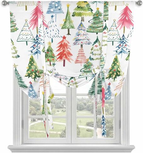 Christmas Tie Up Curtains for Window, Cartoon Xmas Tree Winter Abstract Thermal Insulated Balloon Shade Adjustable Rod Pocket Curtains Valance Panels for Kitchen Bathroom Café 42'' x 54'' in Saudi Arabia