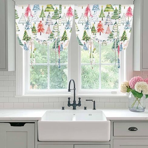 Christmas Tie Up Curtains for Window, Cartoon Xmas Tree Winter Abstract Thermal Insulated Balloon Shade Adjustable Rod Pocket Curtains Valance Panels for Kitchen Bathroom Café 42'' x 54'' in Saudi Arabia