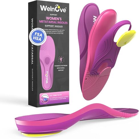 Welnove Women's High Impact Metatarsalgia Insoles - All-Purpose Orthotic Arch Support Inserts for Morton's Neuroma - Trim-to-Fit, Heel Spurs, Pain Relief, Podiatrist-Designed (Berry) -XL in Saudi Arabia