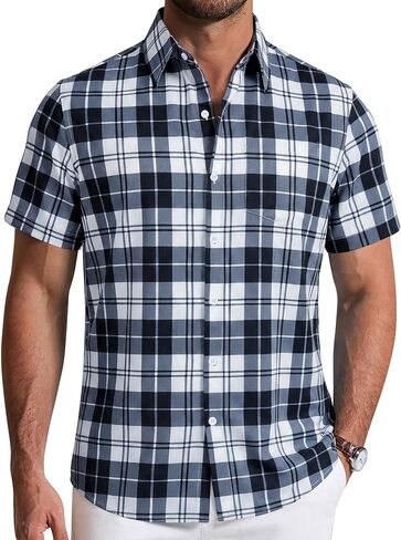 COOFANDY Men's Plaid Button Down Shirts Short Sleeve Casual Summer Shirts Untucked Dress Shirt with Pocket in Saudi Arabia