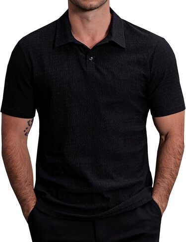 Mens Lightweight Casual Polo Shirts Short Sleeve Stretchy Summer Vacation Beach Shirt Textured Striped Golf Shirts in Saudi Arabia