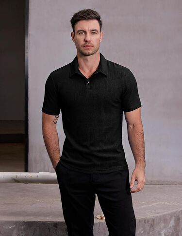 Mens Lightweight Casual Polo Shirts Short Sleeve Stretchy Summer Vacation Beach Shirt Textured Striped Golf Shirts in Saudi Arabia