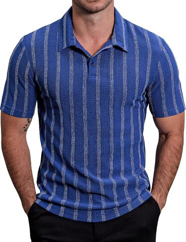 Mens Lightweight Casual Polo Shirts Short Sleeve Stretchy Summer Vacation Beach Shirt Textured Striped Golf Shirts in Kuwait