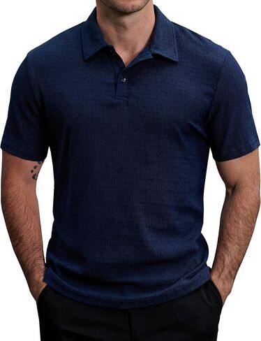 Mens Lightweight Casual Polo Shirts Short Sleeve Stretchy Summer Vacation Beach Shirt Textured Striped Golf Shirts in Saudi Arabia