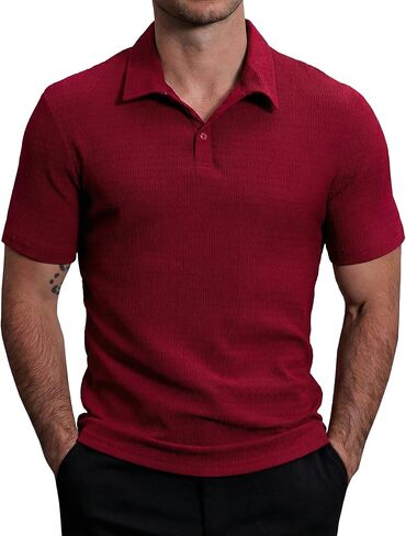 Mens Lightweight Casual Polo Shirts Short Sleeve Stretchy Summer Vacation Beach Shirt Textured Striped Golf Shirts in Saudi Arabia