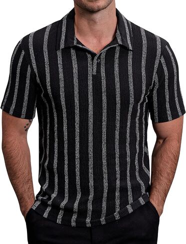 Mens Lightweight Casual Polo Shirts Short Sleeve Stretchy Summer Vacation Beach Shirt Textured Striped Golf Shirts in Saudi Arabia