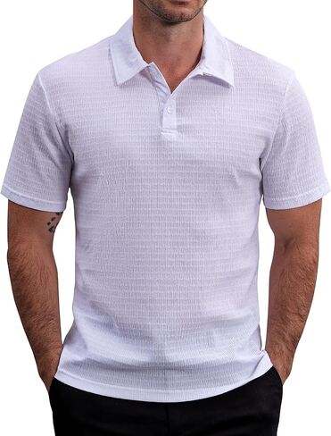 Mens Lightweight Casual Polo Shirts Short Sleeve Stretchy Summer Vacation Beach Shirt Textured Striped Golf Shirts in Saudi Arabia