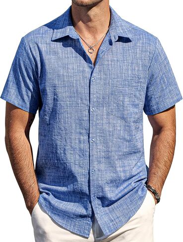 Mens Chambray Shirts Casual Button Down Shirt Short Sleeve Beach Summer Wedding Shirt in Saudi Arabia