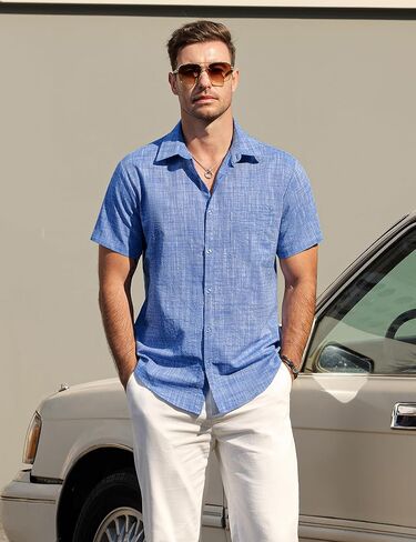 Mens Chambray Shirts Casual Button Down Shirt Short Sleeve Beach Summer Wedding Shirt in Saudi Arabia