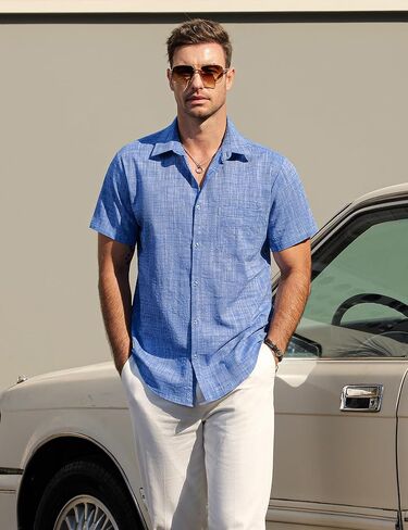 Mens Chambray Shirts Casual Button Down Shirt Short Sleeve Beach Summer Wedding Shirt in Saudi Arabia