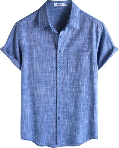 Mens Chambray Shirts Casual Button Down Shirt Short Sleeve Beach Summer Wedding Shirt in Saudi Arabia