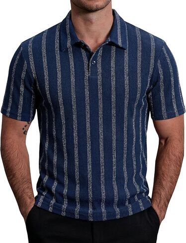 Mens Lightweight Casual Polo Shirts Short Sleeve Stretchy Summer Vacation Beach Shirt Textured Striped Golf Shirts in Saudi Arabia