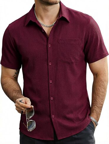 Mens Button Down Short Sleeve Shirts Casual Waffle Summer Shirts Beach Vacation Shirt in Kuwait