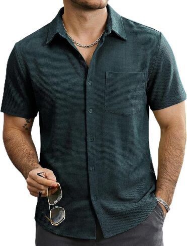 Mens Button Down Short Sleeve Shirts Casual Waffle Summer Shirts Beach Vacation Shirt in Saudi Arabia